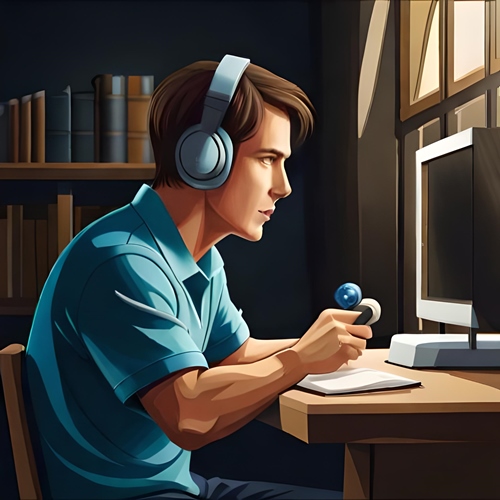 Un giocatore dietro il suo computer con le cuffie in testa, senza la sua stanza