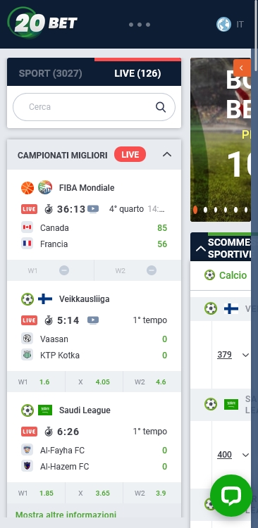 Esempio di eventi sportivi disponibili