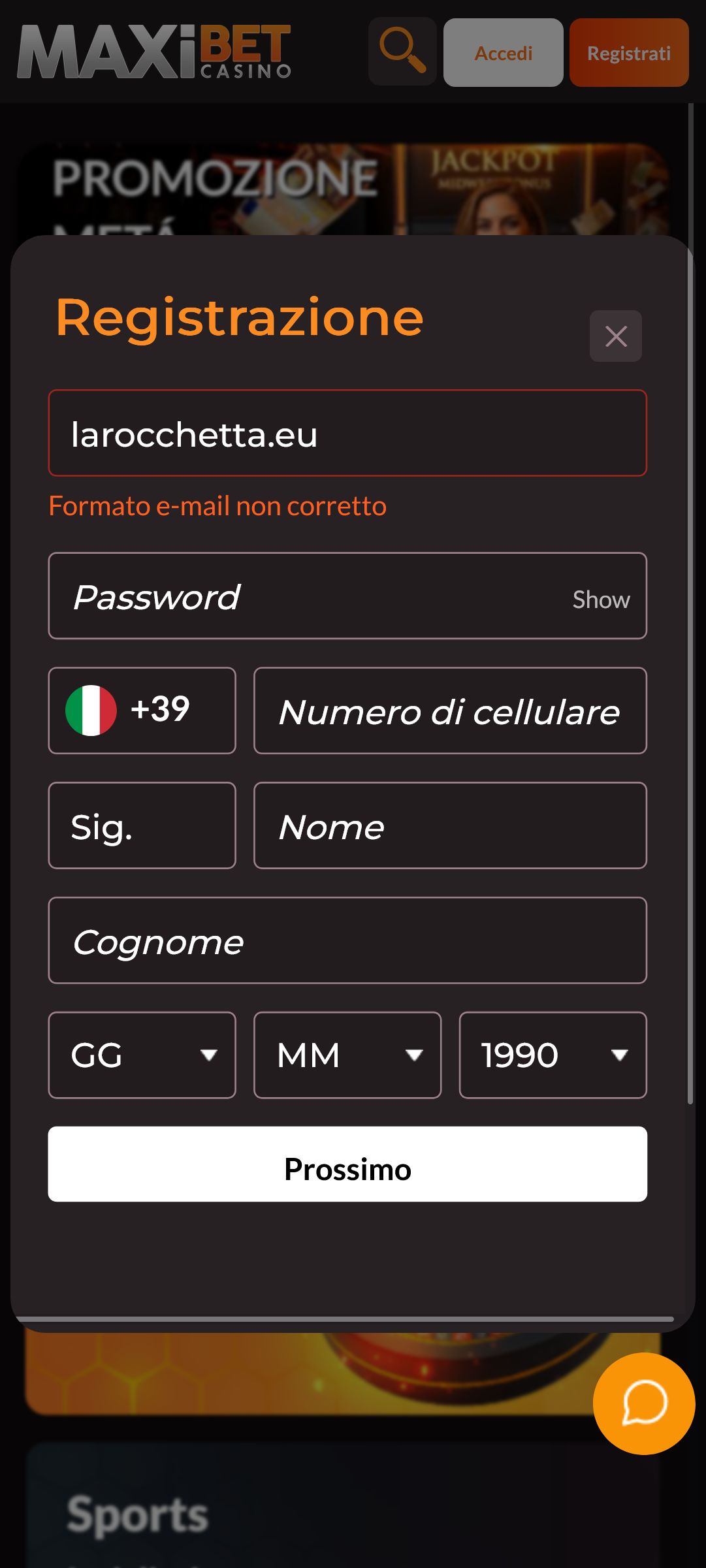 Prima fase di registrazione